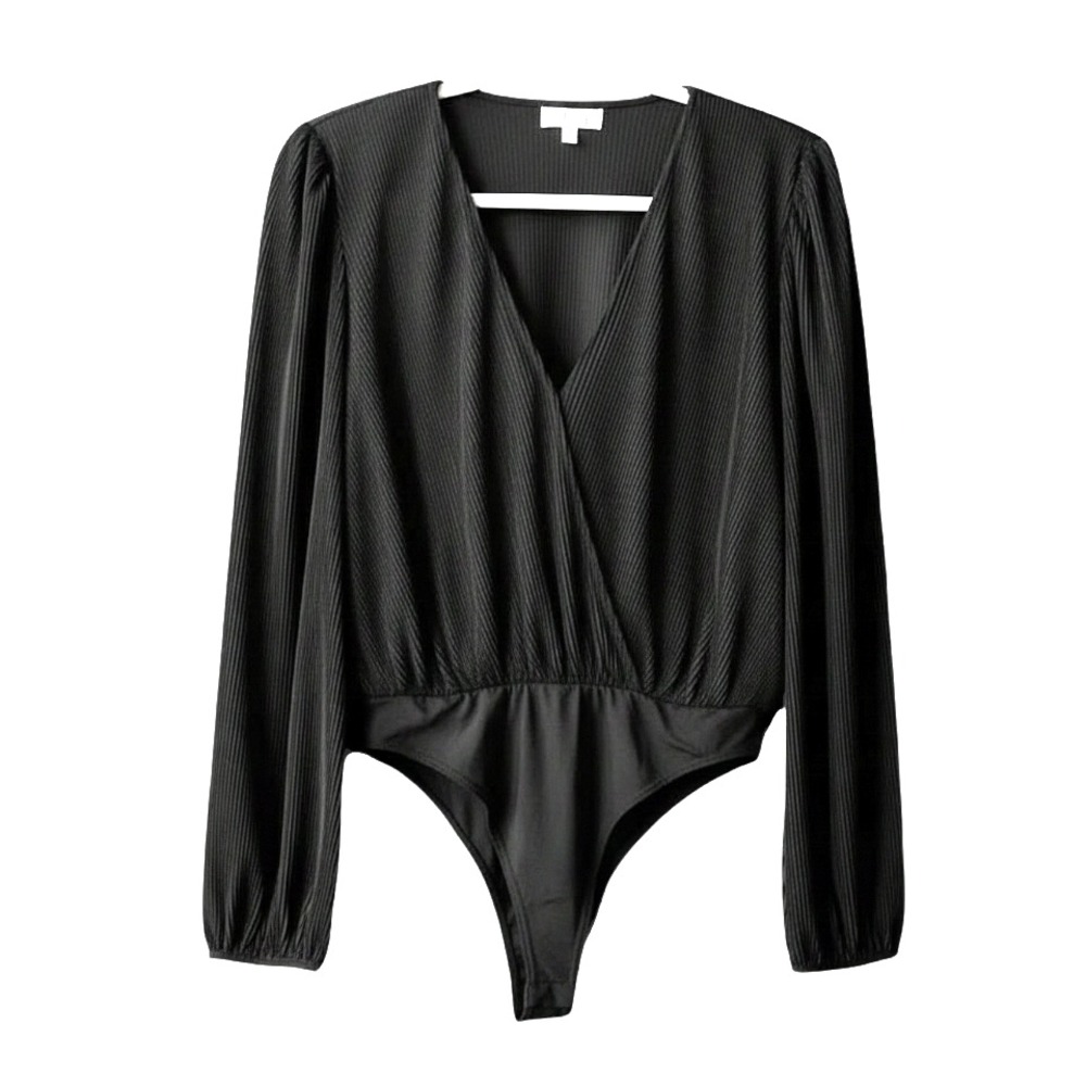 TCEC BODYSUIT Pleated Surplice/Wrap LONG BALLOON SLEEVES Cocktail Party Black L